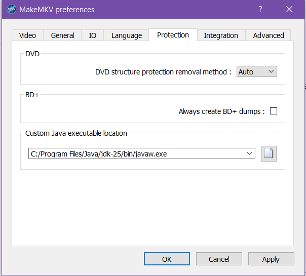 This is the screen for setting up the Java environment in MakeMKV